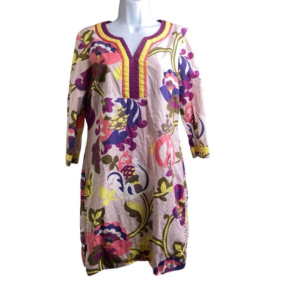 Boden Boho Bold Floral Print Tunic Dress Size 6 Statement White Lotus Vibes - Picture 1 of 10